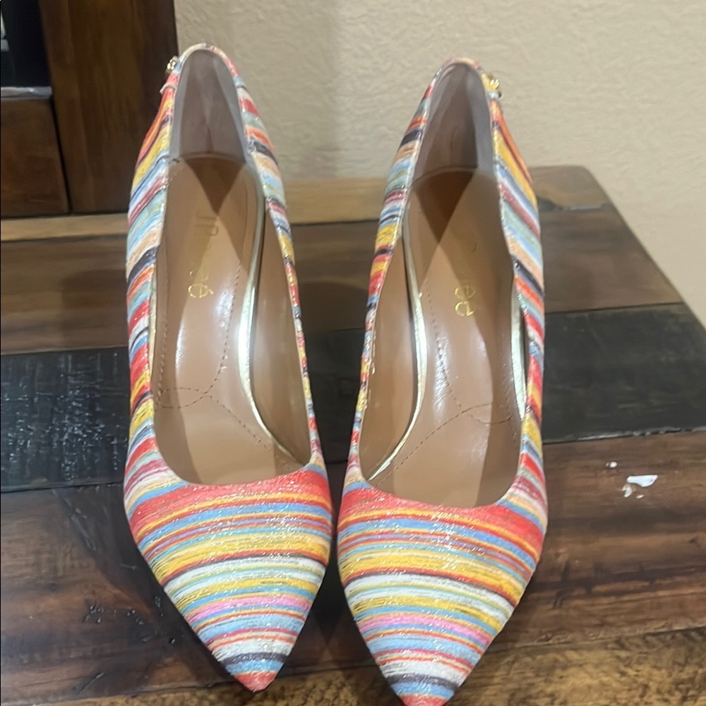 Red and Orange High Heeled Pumps with Vibrant Stripes